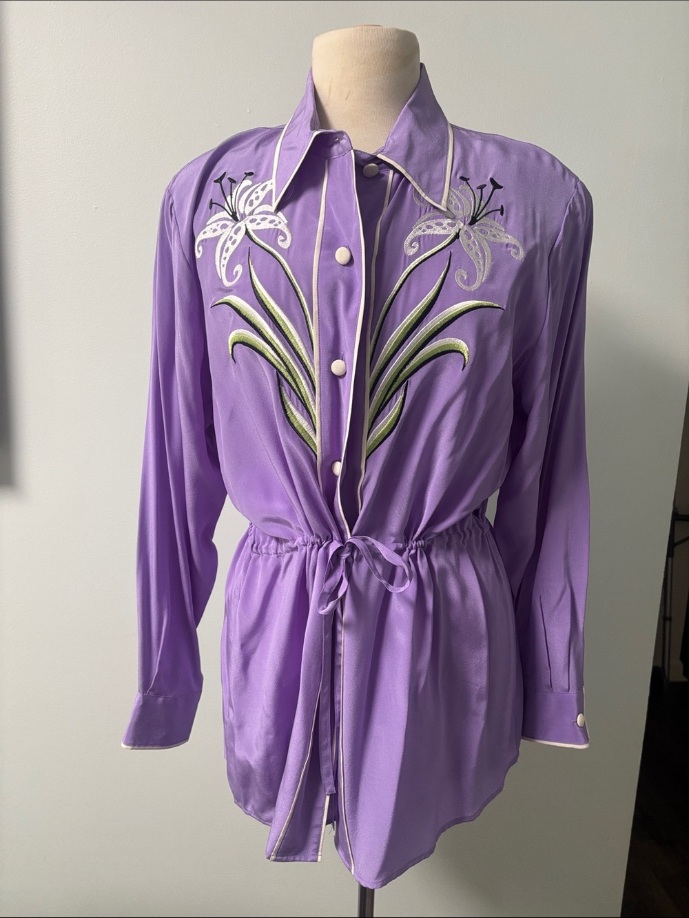 Bob Mackie Lavender Floral-Embroidered Drawstring Tunic Top